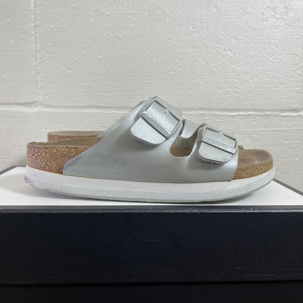 Papillio Birkenstock Arizona‎ Silver Metallic Platform Sandals Womens 39 EU/8 US